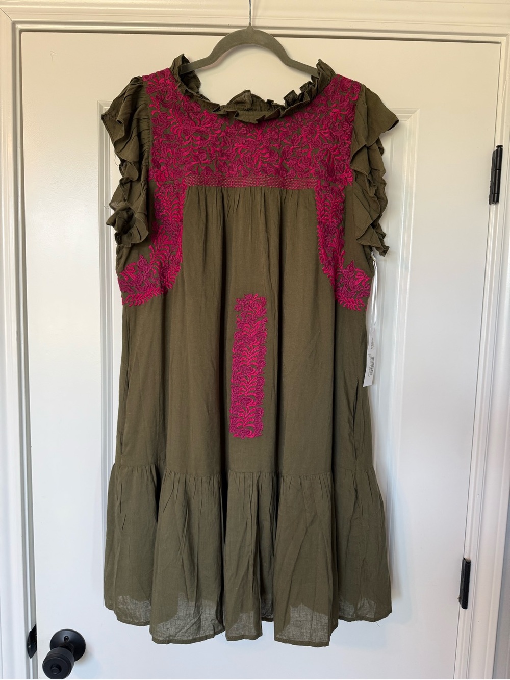 J. Marie NWT Women’s Olive Green Boho Dress with Pink Embroidery XL